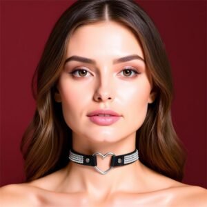Collar with Heart and Rhinestones Choker Style Vegan Leather One Size
