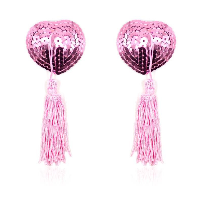 Self-Adhesive Heart Sequin Nipple Cover with Tassel Pink