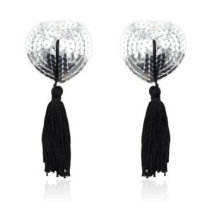 Self-Adhesive Heart Sequin Nipple Cover with Tassel Silver/Black